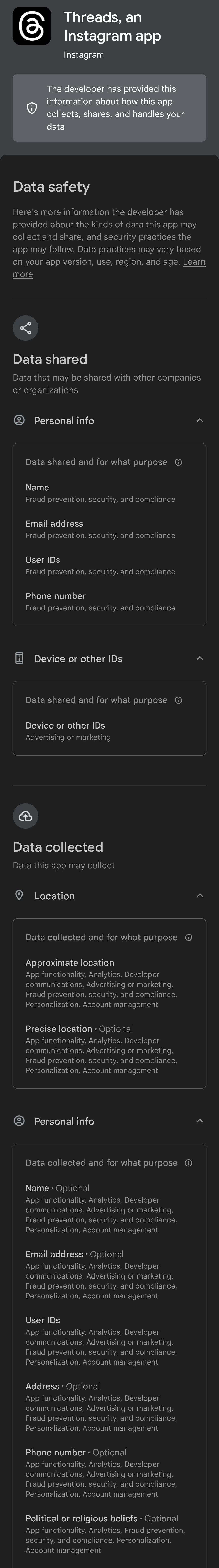 A screenshot of the data privacy page for the Threads app, as listed in the Google Play Store.